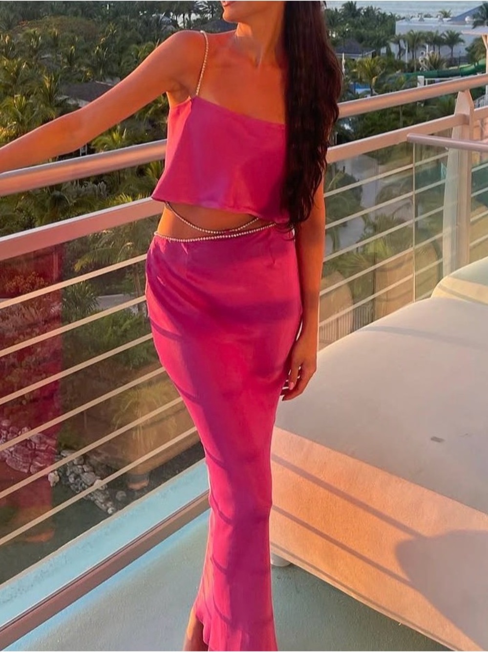Meshki Hot Pink Satin Maxi Skirt Top Set